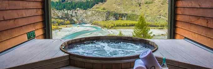 Onsen hot pools at Queenstown with uninterrupted views across the Shotover Canyon
